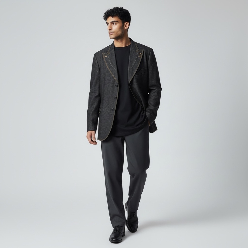 Il Canto Black Denim Blazer Jacket Sport Coat 3-Button Faux Leather Trim Sz 50L